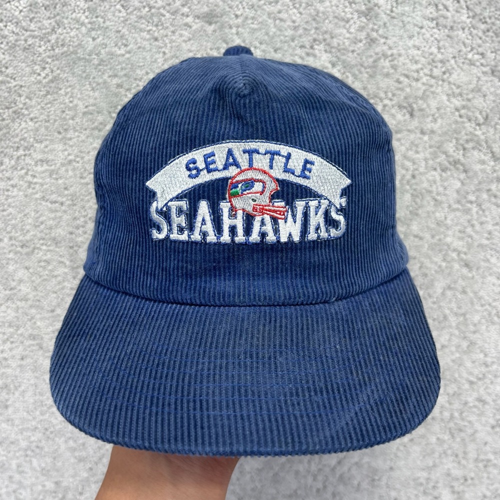 VINTAGE Corduroy Football Cap Blue Seattle Seahawks Snapback Hat NFL Sportswear